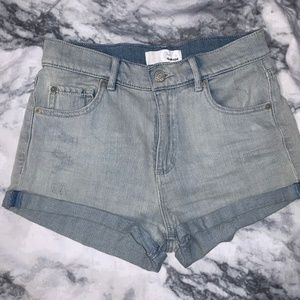 High waisted light wash denim shorts